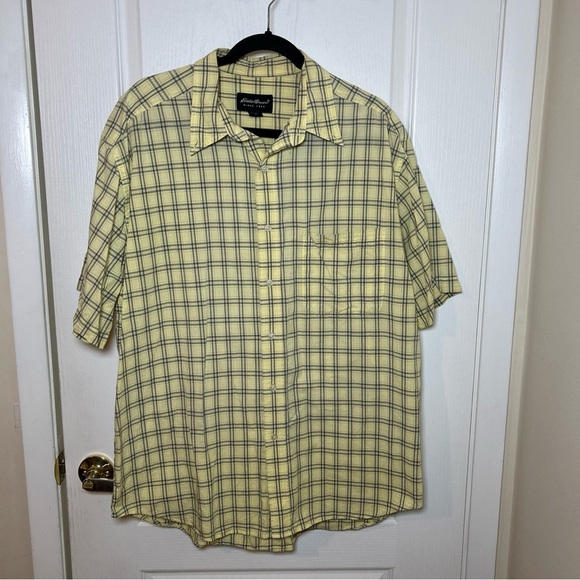 Eddie Bauer Men’s Large Yellow/Gray Checked Short Sleeve Button Down Shirt Tall - Picture 1 of 5